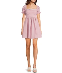 Evolutionary Short Puff Sleeve Square Neck Ric Rac Trim Dress