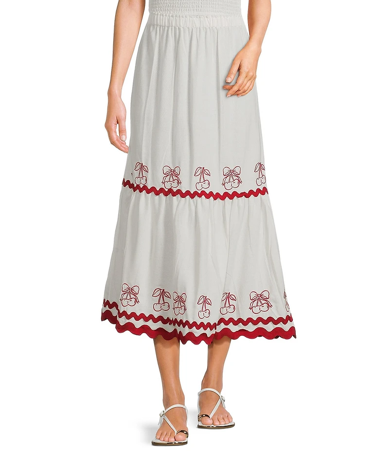 Evolutionary Solid Linen Cherry Ricrac Trim Coordinating Midi Skirt