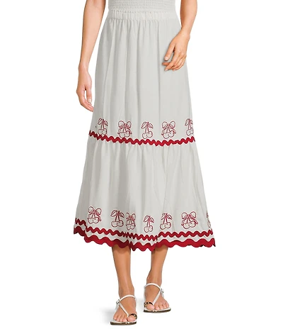 Evolutionary Solid Linen Cherry Ricrac Trim Coordinating Midi Skirt
