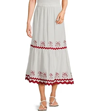 Evolutionary Solid Linen Cherry Ricrac Trim Coordinating Midi Skirt