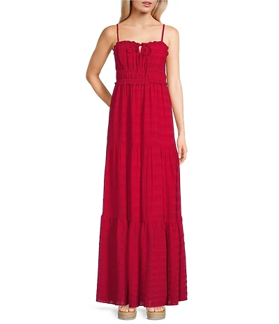 Evolutionary Spaghetti Strap Tie Front Tiered Maxi Dress