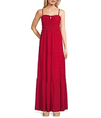 Evolutionary Spaghetti Strap Tie Front Tiered Maxi Dress