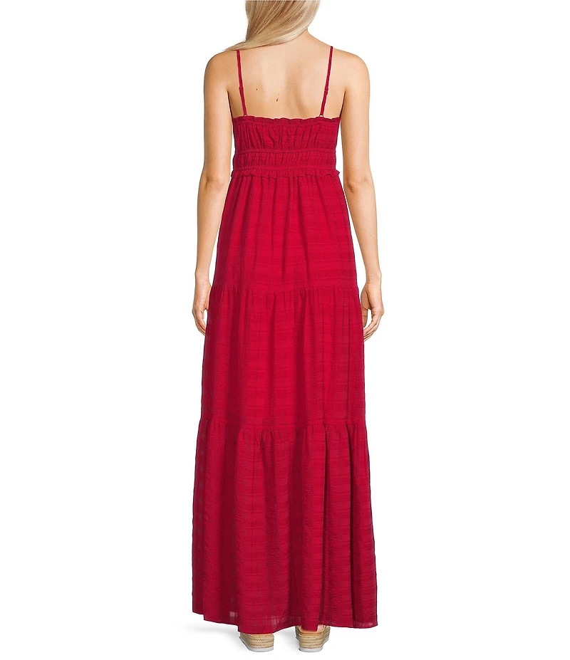 Evolutionary Spaghetti Strap Tie Front Tiered Maxi Dress