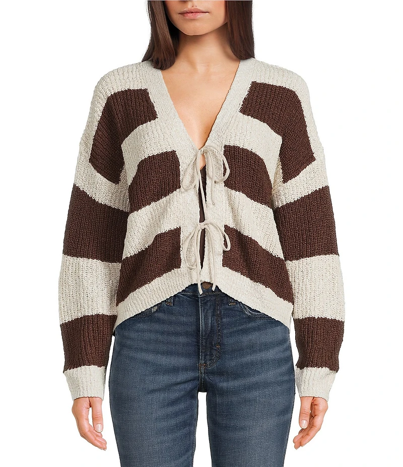 Evolutionary Striped Long Sleeve Tie Front Cardigan