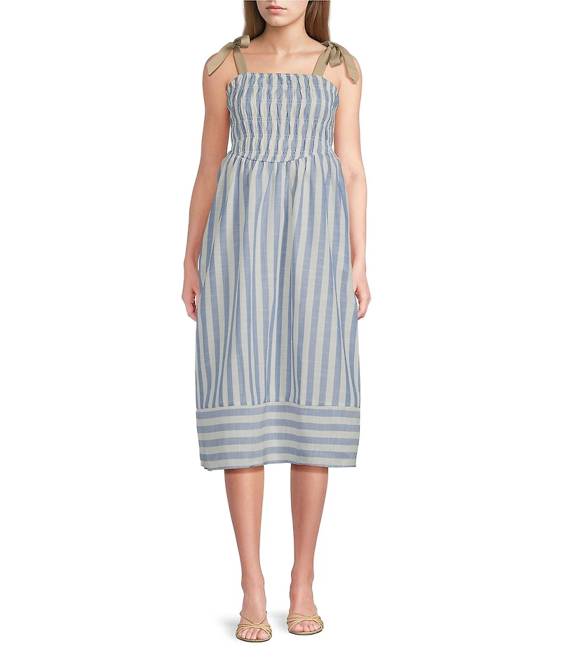 Evolutionary Stripped Tie Shoulder Smocked Dress