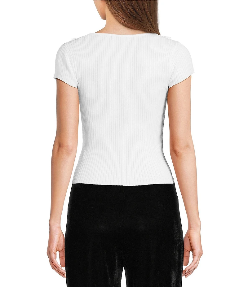 Evolutionary Sweater Knit Scoop Neck Cap Sleeve Tie Front Top