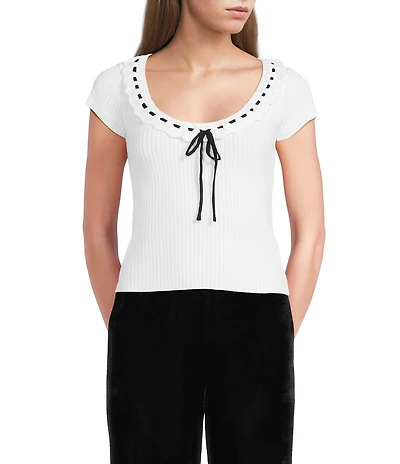 Evolutionary Sweater Knit Scoop Neck Cap Sleeve Tie Front Top