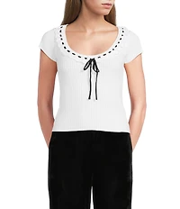 Evolutionary Sweater Knit Scoop Neck Cap Sleeve Tie Front Top