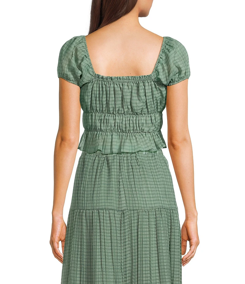Evolutionary Textured Plaid Short Puff Sleeve Coordinating Top