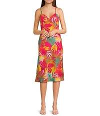 Evolutionary Tropical Printed V-Neck Side Slit Slip Dress