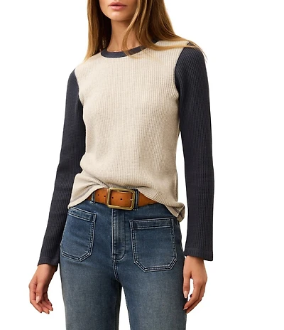 Faherty Apres Colorblock Knit Waffle Crew Neck Long Sleeve Varsity Top