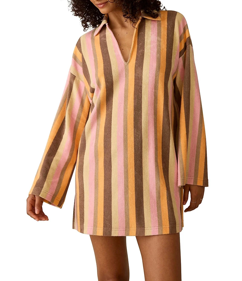 Faherty Cabana Organic Cotton Terry Striped Collared Long Sleeve Mini Shirt Dress