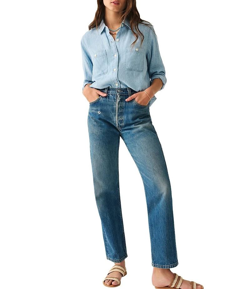 Faherty Chambray Woven Spread Collar Long Sleeve Button Front Shirt