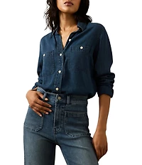 Faherty Chambray Woven Spread Collar Long Sleeve Button Front Shirt