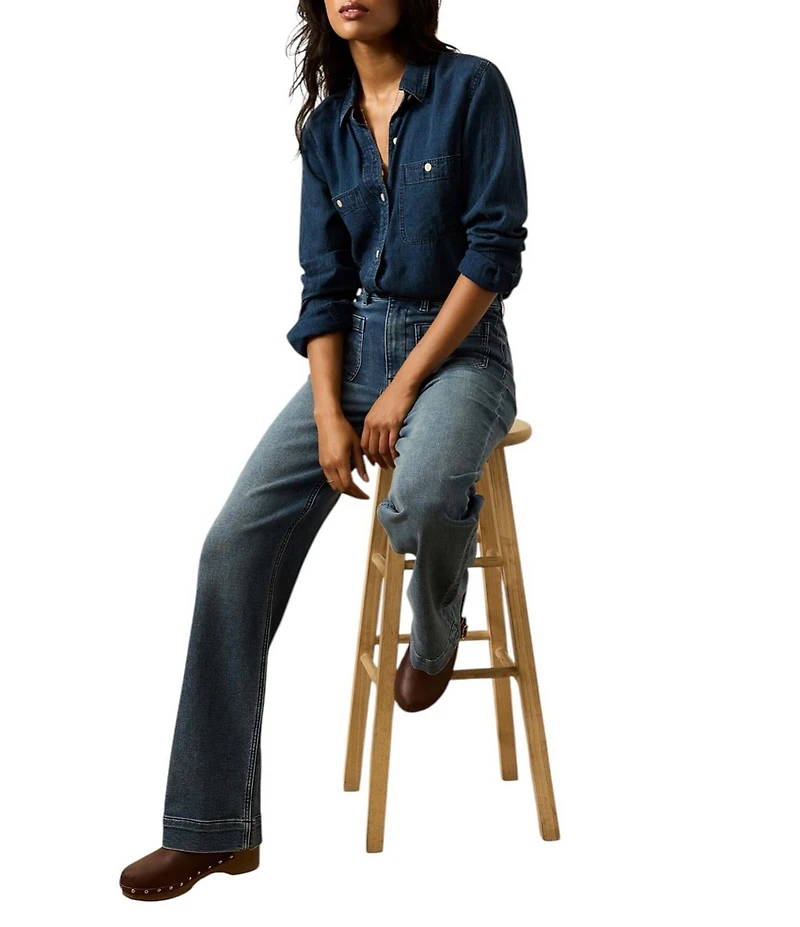 Faherty Chambray Woven Spread Collar Long Sleeve Button Front Shirt