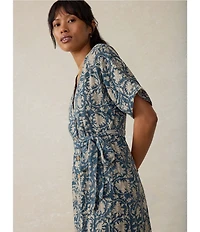 Faherty Dune Camille Cotton Gauze Printed V-Neckline Short Sleeve Midi Dress