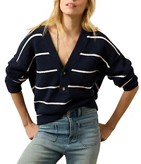 Faherty Jackson Popover Knit Striped V-Neck Long Sleeve Pullover Sweater