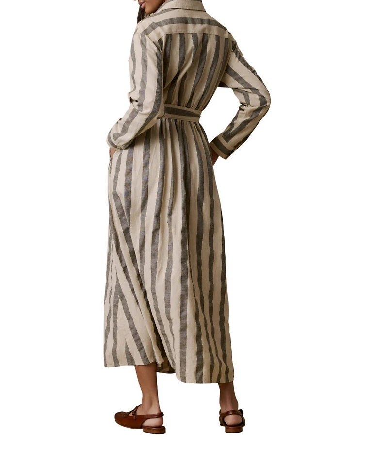Faherty Julia Linen Blend Striped Spread Collar Long Sleeve Button Front Dress