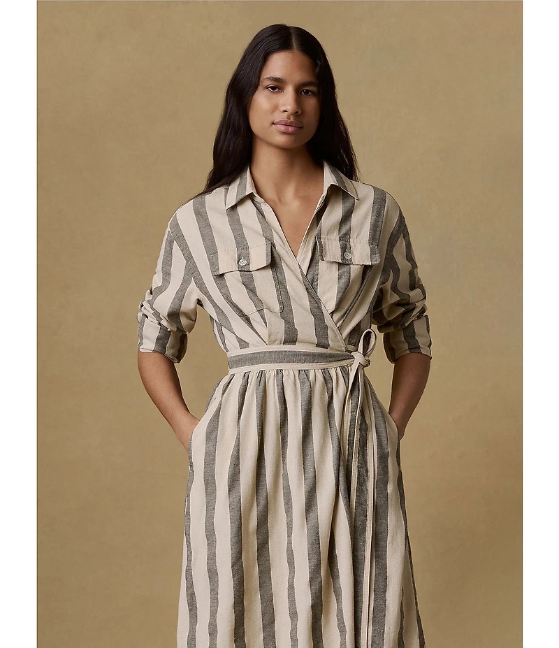 Faherty Julia Linen Blend Striped Spread Collar Long Sleeve Button Front Dress