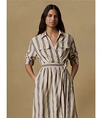 Faherty Julia Linen Blend Striped Spread Collar Long Sleeve Button Front Dress