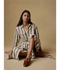 Faherty Julia Linen Blend Striped Spread Collar Long Sleeve Button Front Dress