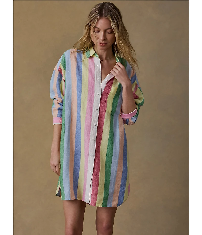 Faherty Laguna Linen Point Collar Long Sleeve Button Front Mini Shirt Dress