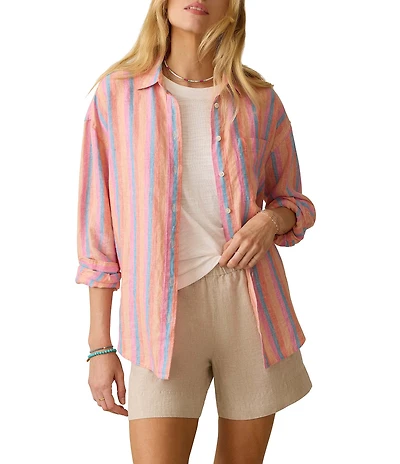 Faherty Laguna Coordinating Linen Striped Button Down Collar Long Sleeve Shirt