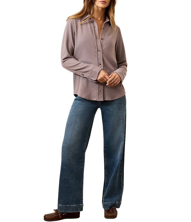 Faherty Legend Plaid Print Knit Spread Collar Long Sleeve Button Front Shirt