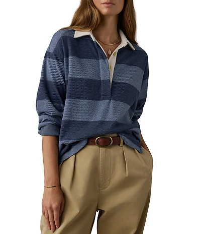 Faherty Legend Rugby Knit Stripe V-Neck Long Sleeve Top