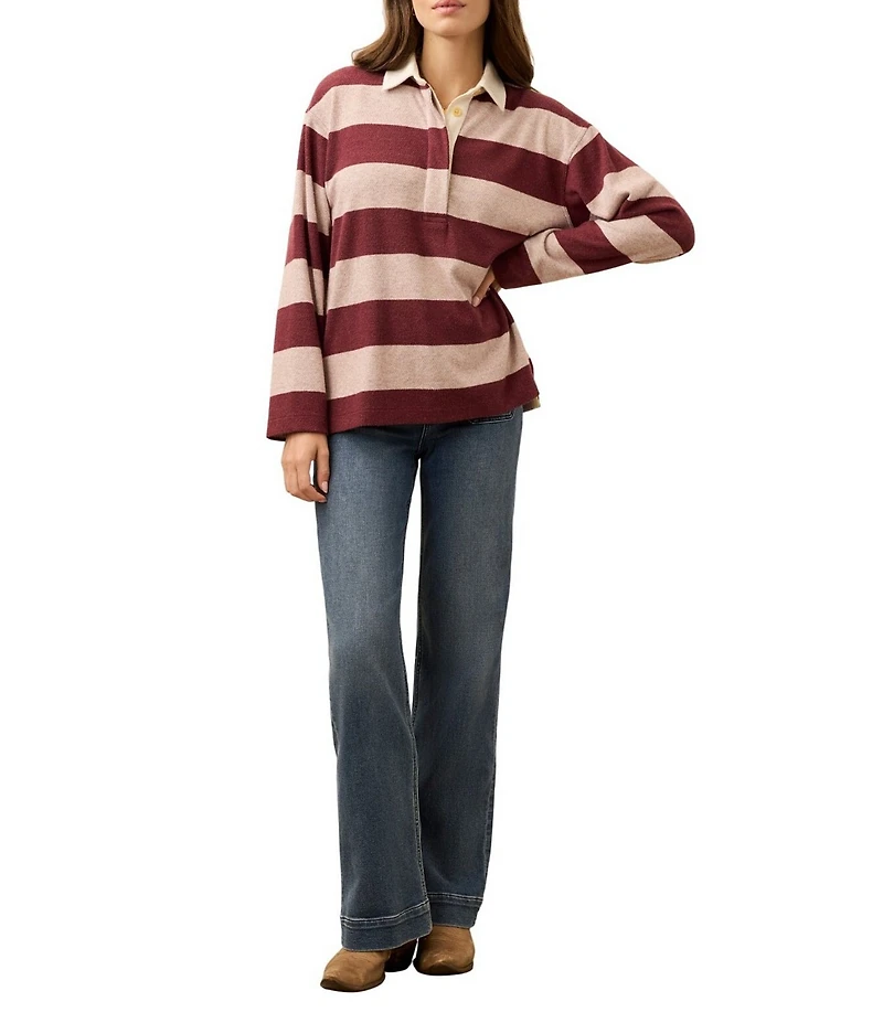Faherty Legend Rugby Knit Stripe V-Neck Long Sleeve Top
