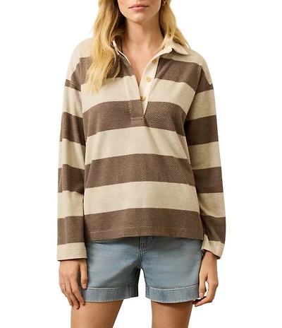 Faherty Legend Rugby Knit Stripe V-Neck Long Sleeve Top