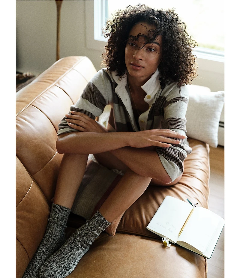 Faherty Legend Rugby Knit Stripe V-Neck Long Sleeve Top