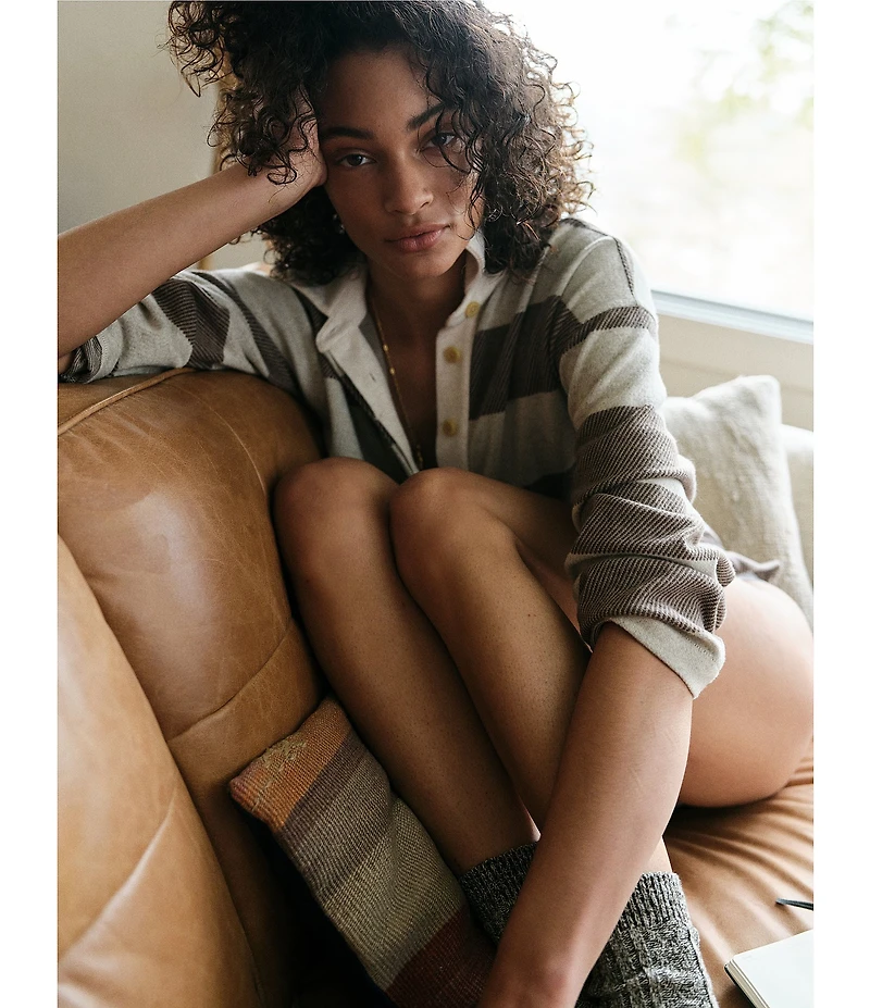 Faherty Legend Rugby Knit Stripe V-Neck Long Sleeve Top