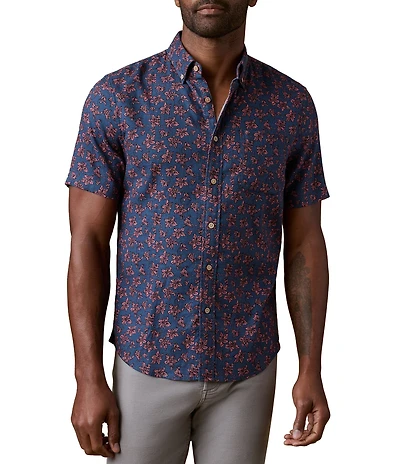 Faherty Linen Blend Breeze Floral Print Short Sleeve Button Front Woven Shirt