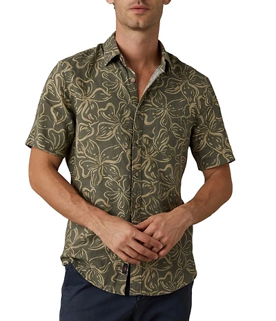 Faherty Linen Blend Floral Breeze Printed Short Sleeve Button Front Woven Shirt