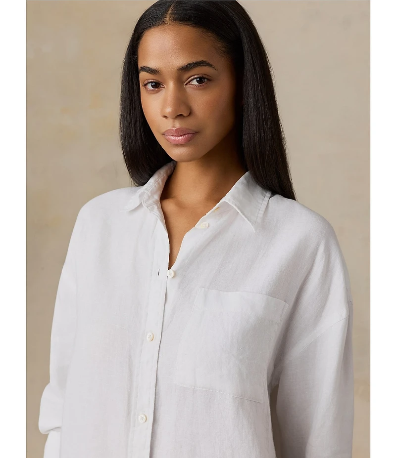 Faherty Linen Point Collar Long Sleeve Button Front Relaxed Shirt