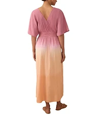 Faherty Mila Woven Organic Cotton Ombre Print V-Neck Short Sleeve Empire Waist Maxi Dress