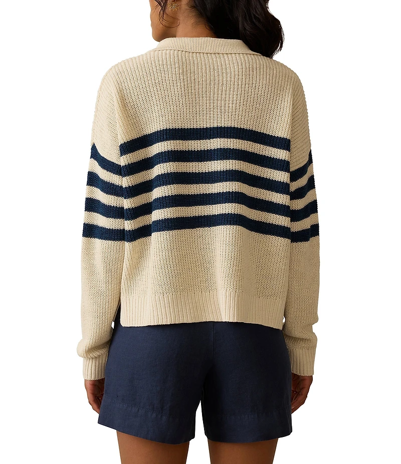 Faherty Miramar Knit Striped V-Neck Long Sleeve Rugby Polo