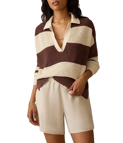 Faherty Miramar Knit Striped V-Neck Long Sleeve Rugby Polo