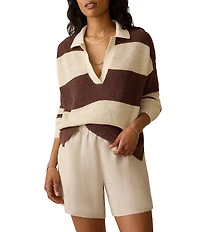 Faherty Miramar Knit Striped V-Neck Long Sleeve Rugby Polo