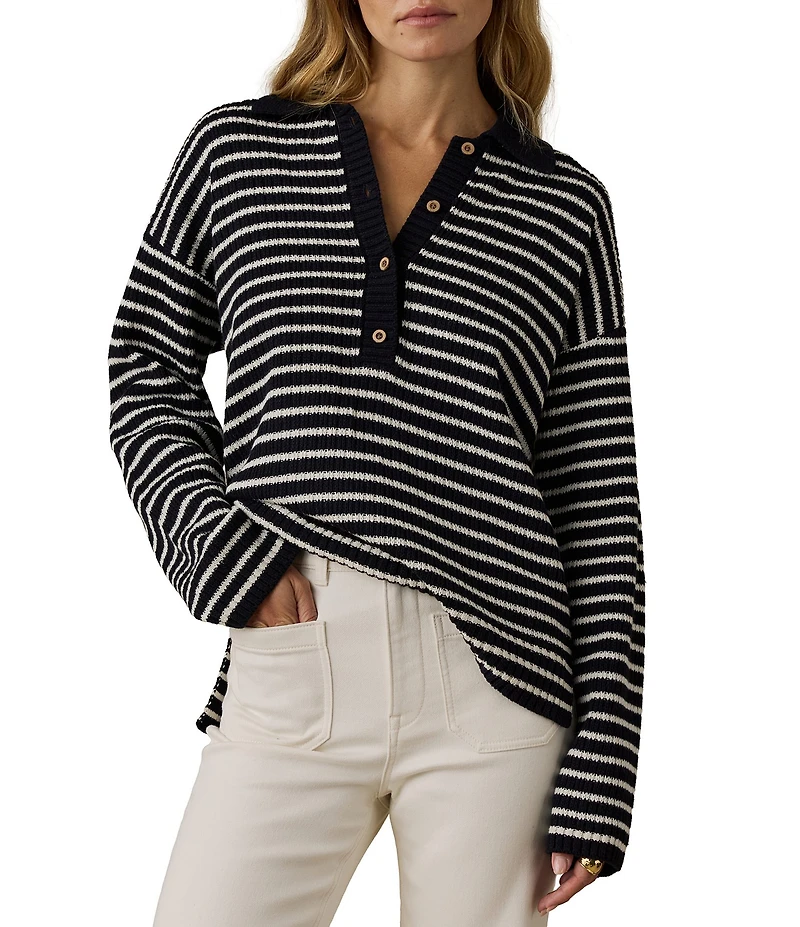 Faherty Miramar Linen Blend V-Neck Collared Long Sleeve Sweater