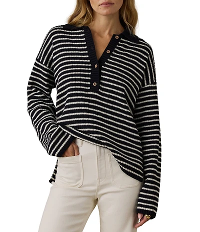 Faherty Miramar Linen Blend V-Neck Collared Long Sleeve Sweater