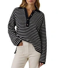 Faherty Miramar Linen Blend V-Neck Collared Long Sleeve Sweater