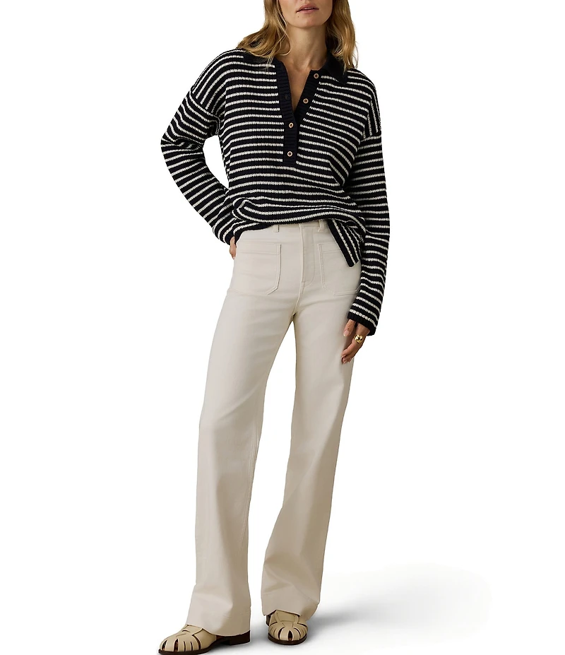 Faherty Miramar Linen Blend V-Neck Collared Long Sleeve Sweater