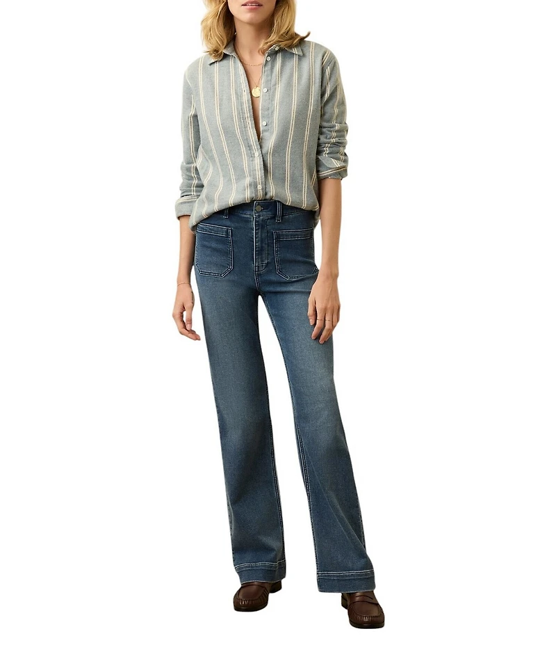 Faherty Nazare Organic Cotton Knit Striped Collar Long Sleeve Button Front Shirt