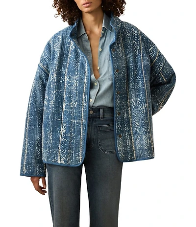 Faherty Organic Cotton Blend Quilted Patchwork Knit Mock Collar Long Sleeve Jacket