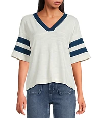Faherty Organic Cotton Slub Varsity Knit Striped V-Neck Short Sleeve Tee