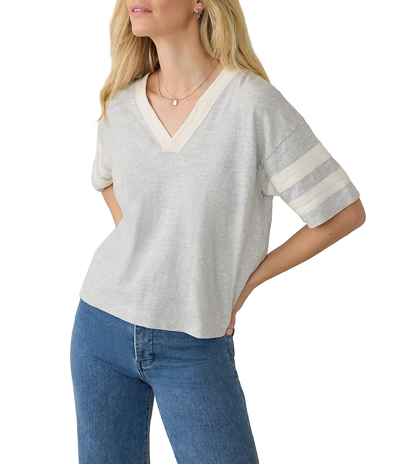 Faherty Organic Cotton Slub Varsity Knit Striped V-Neck Short Sleeve Tee