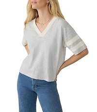 Faherty Organic Cotton Slub Varsity Knit Striped V-Neck Short Sleeve Tee