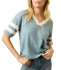 Faherty Organic Cotton Slub Varsity Knit Striped V-Neck Short Sleeve Tee